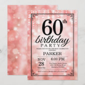 60歳の誕生日招待状 ピンクのグリッター 招待状 (正面/裏面)