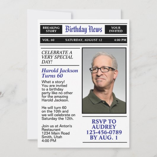 60歳の誕生日新聞の表紙 誕生日 招待状 (正面)