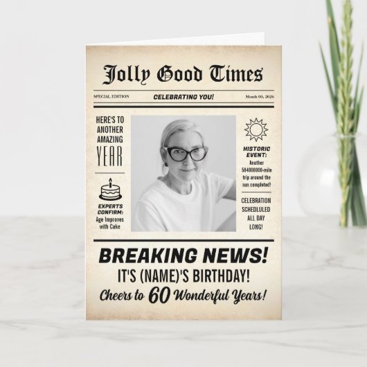 60歳の誕生日新聞、写真追加、パーソナライズ カード (正面)