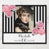 60歳の誕生日白黒ストライプフローラ写真 スパークリングワインラベル (シングルラベル)