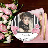 60歳の誕生日白黒ストライプフローラ写真 ペーパープレート