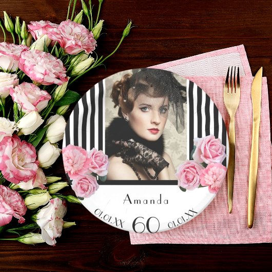 60歳の誕生日白黒ストライプフローラ写真 ペーパープレート