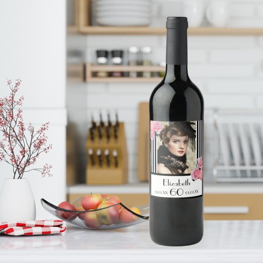 60歳の誕生日白黒ストライプフローラ写真 ワインラベル