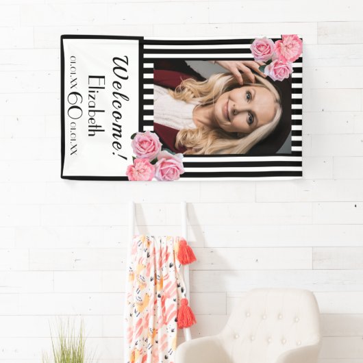 60歳の誕生日白黒ストライプ花模様写真 横断幕 (インサイチュ)