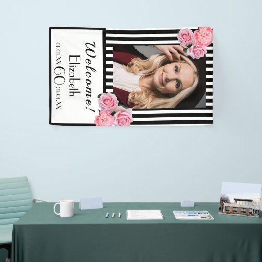 60歳の誕生日白黒ストライプ花模様写真 横断幕 (トレードショー)