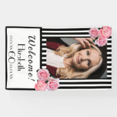 60歳の誕生日白黒ストライプ花模様写真 横断幕 (横)