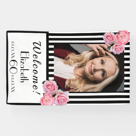 60歳の誕生日白黒ストライプ花模様写真 横断幕 (横)