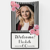 60歳の誕生日白黒ストライプ花模様写真 横断幕 (縦)