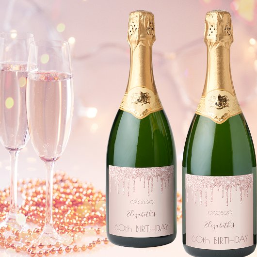 60歳の誕生日赤面バラ金ゴールドグリッタードライブ名 スパークリングワインラベル