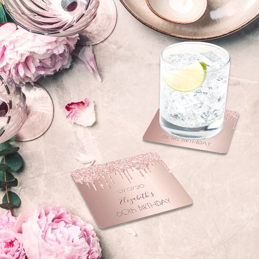 60歳の誕生日赤面バラ金ゴールドグリッタードリップ名 スクエアペーパーコースター