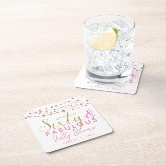 60歳の誕生日金ゴールドとピンクのコースターカスタマイズス スクエアペーパーコースター (インサイチュ)