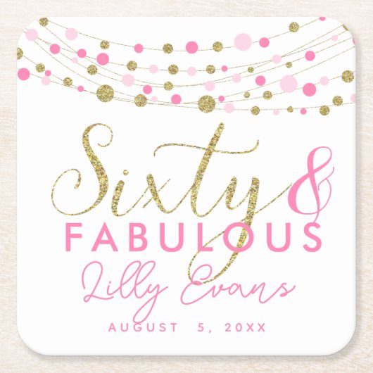 60歳の誕生日金ゴールドとピンクのコースターカスタマイズス スクエアペーパーコースター (正面)