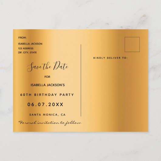 60歳の誕生日金ゴールドグリッター詳細は日付を保存 ポストカード (裏面)