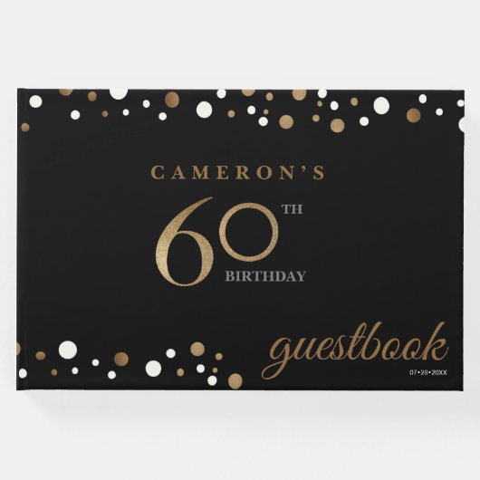 60歳の誕生日金ゴールド紙吹雪と黒パーソナライズされた ゲストブック (正面)