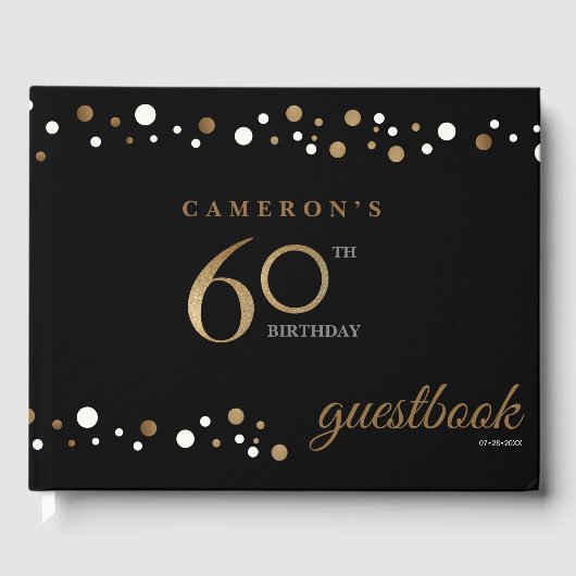 60歳の誕生日金ゴールド紙吹雪と黒パーソナライズされた ゲストブック (正面)