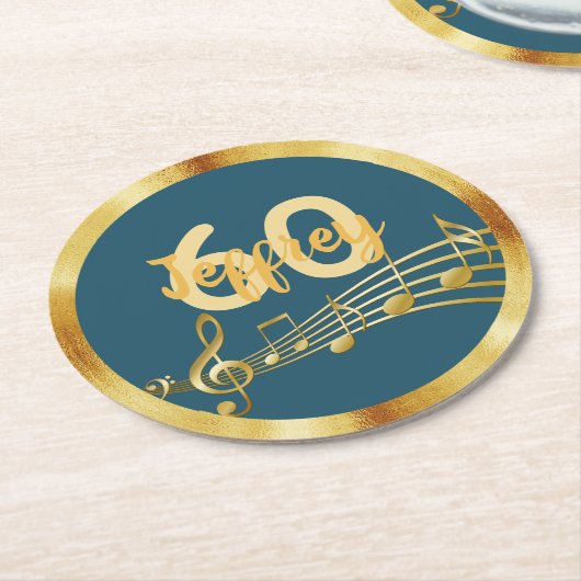 60歳の誕生日金ゴールド音楽ノートティール（緑がかった色）ブルー緑 ラウンドペーパーコースター (アングル)
