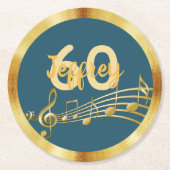 60歳の誕生日金ゴールド音楽ノートティール（緑がかった色）ブルー緑 ラウンドペーパーコースター (正面)