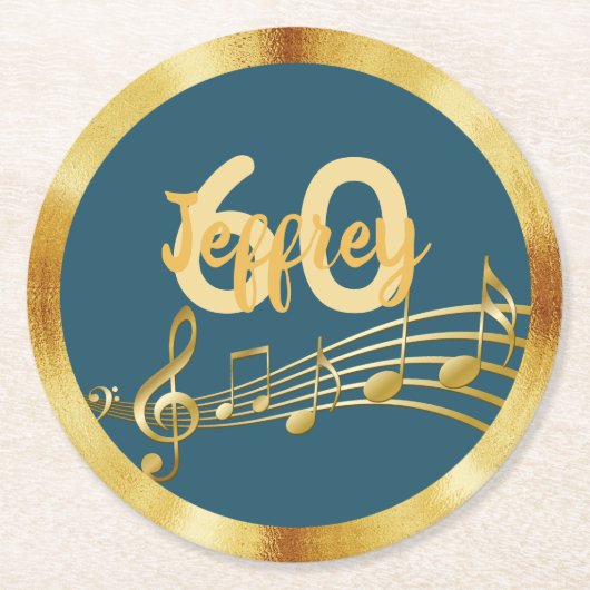 60歳の誕生日金ゴールド音楽ノートティール（緑がかった色）ブルー緑 ラウンドペーパーコースター (正面)