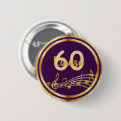 60歳の誕生日金ゴールド音楽ノート紫スタイリッシュ上 缶バッジ (正面&裏面)