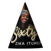 60歳の誕生日金ゴールド黒パーソナライズされた写真名 パーティーハット (正面)