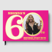 60歳の誕生日2枚の写真ホットピンク金ゴールド ゲストブック (正面)