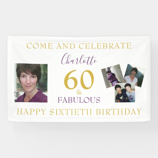 60歳の誕生日60と素晴らしいフォトコラージュ金ゴールド 横断幕 (横)