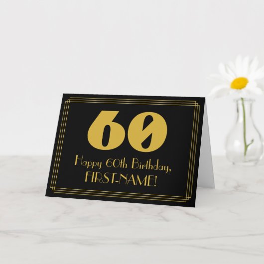 60歳の誕生日:アールデコ調の見た目 "60" と名前 カード (小さな植物)