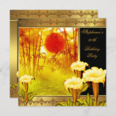 60歳の誕生日 エレガント アジアン ゴールド イエロー フラワーズ 2 招待状 (正面/裏面)