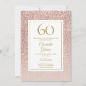 60歳の誕生日 エレガント ローズゴールド グリッター 招待状 (正面)