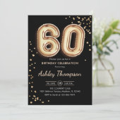 60歳の誕生日 - ゴールドの風船 ブラック 招待状 (スタンド正面)