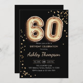 60歳の誕生日 - ゴールドの風船 ブラック 招待状 (正面/裏面)