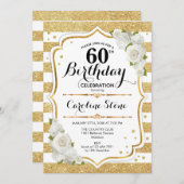 60歳の誕生日 - ゴールド ホワイト ストライプ ローズ 招待状 (正面/裏面)