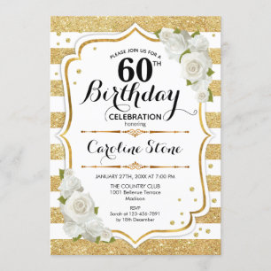 60歳の誕生日 - ゴールド ホワイト ストライプ ローズ 招待状