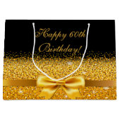 60歳の誕生日、シックブラックに金ゴールドボウ ラージペーパーバッグ (正面)