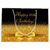 60歳の誕生日、シックブラックに金ゴールドボウ ラージペーパーバッグ (裏面)