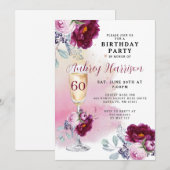 60歳の誕生日 シャンパングラス 花の誕生日 招待状 (正面/裏面)
