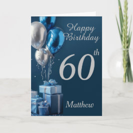 60歳の誕生日 シルバー ブルーの風船とギフト カード