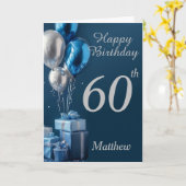 60歳の誕生日 シルバー ブルーの風船とギフト カード (黄色い花)