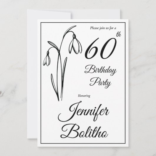 60歳の誕生日 スノードロップ 花 ブラック&ホワイト 招待状 (正面)