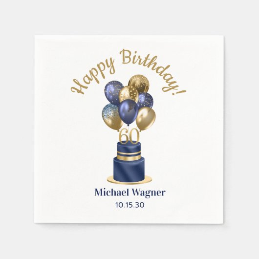 60歳の誕生日 ネイビーブルーのバルーンケーキ スタンダードカクテルナプキン (正面)