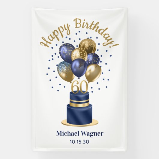 60歳の誕生日 ネイビーブルーのバルーンケーキ 横断幕 (縦)