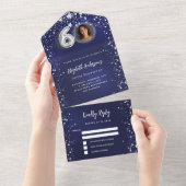 60歳の誕生日 ネイビーブルーの写真 銀の星 RSVP オールインワン招待状 (貼ってはがせる)