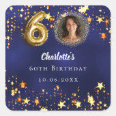 60歳の誕生日 ネイビーブルー ゴールドの星の写真 スクエアシール (正面)