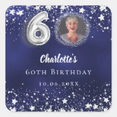 60歳の誕生日 ネイビーブルー シルバーの星 写真 スクエアシール (正面)