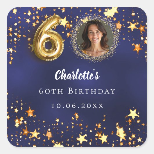 60歳の誕生日 ネイビーブルー 金色の星 写真 スクエアシール (正面)