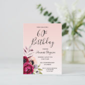 60歳の誕生日 バーガンディ ローズゴールド フラワーの招待状 ポストカード (スタンド正面)