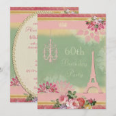 60歳の誕生日 ピンクのエッフェル塔とシャンデリア 招待状 (正面/裏面)