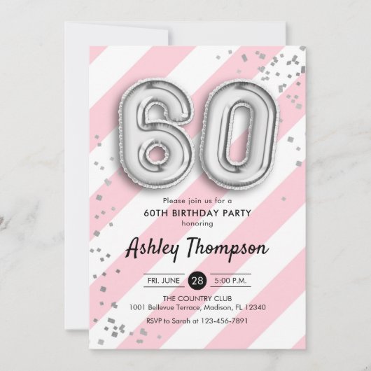 60歳の誕生日 - ピンクのストライプとシルバーの風船 招待状 (正面)