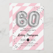 60歳の誕生日 - ピンクのストライプとシルバーの風船 招待状 (正面/裏面)
