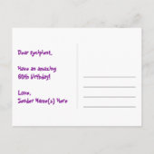 60歳の誕生日:ピンクのストライプとハート、虹色の60 ポストカード (裏面)